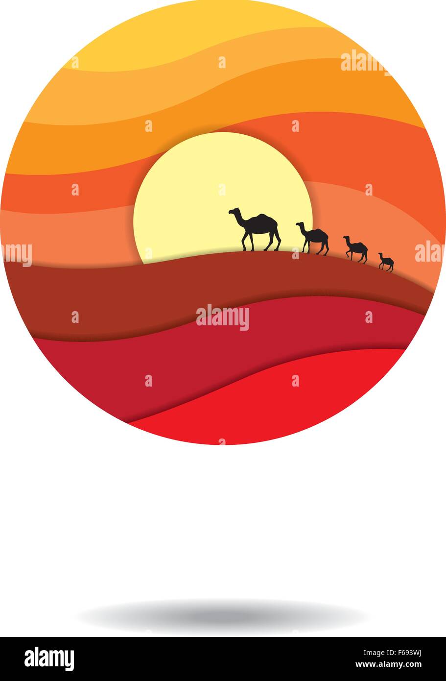 Résumé isolé en fond blanc Logo désert. montrant dune de sable, soleil et chameaux Illustration de Vecteur