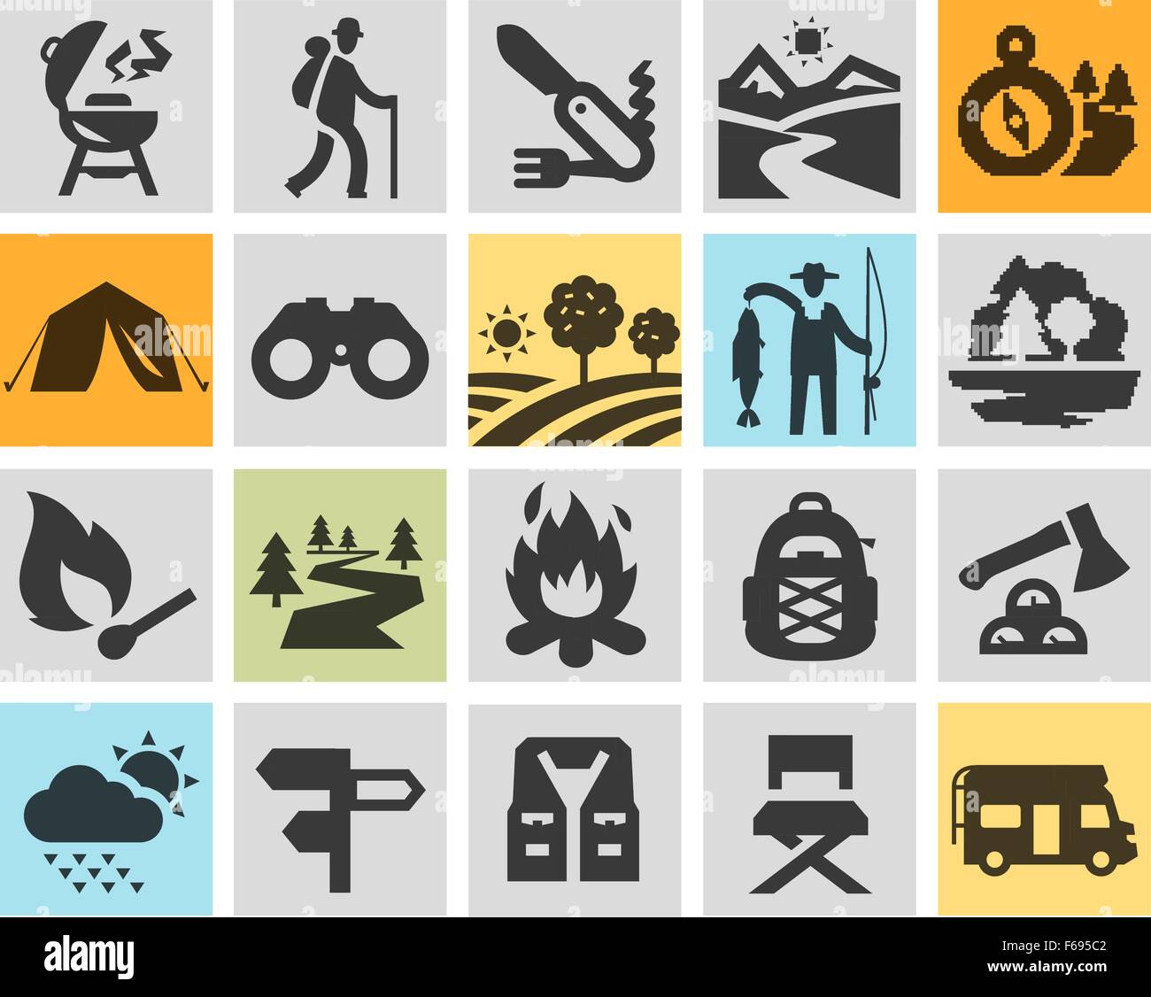 Randonnées black icons set. voyage, tour à pied ou expédition, camping ...