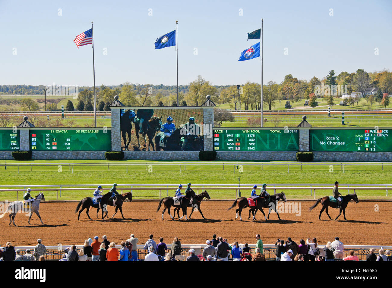 Chevaux pur-sang à pied à l'embarquement à Keeneland, Lexington, Kentucky Banque D'Images
