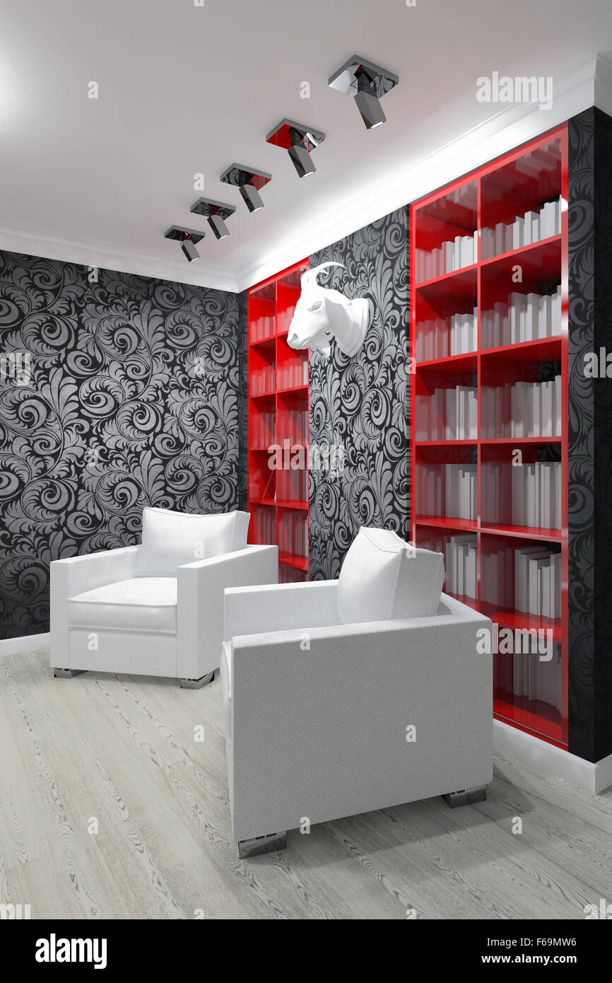 Salle d'étude avec deux fauteuils et chaises Banque D'Images