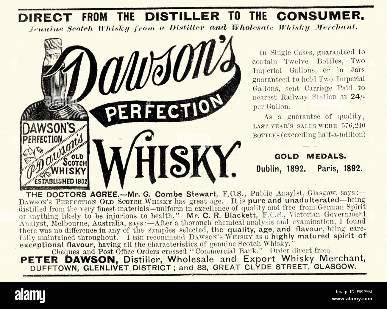 Publicité d'époque pour Dawson's Whisky, 1893 Banque D'Images