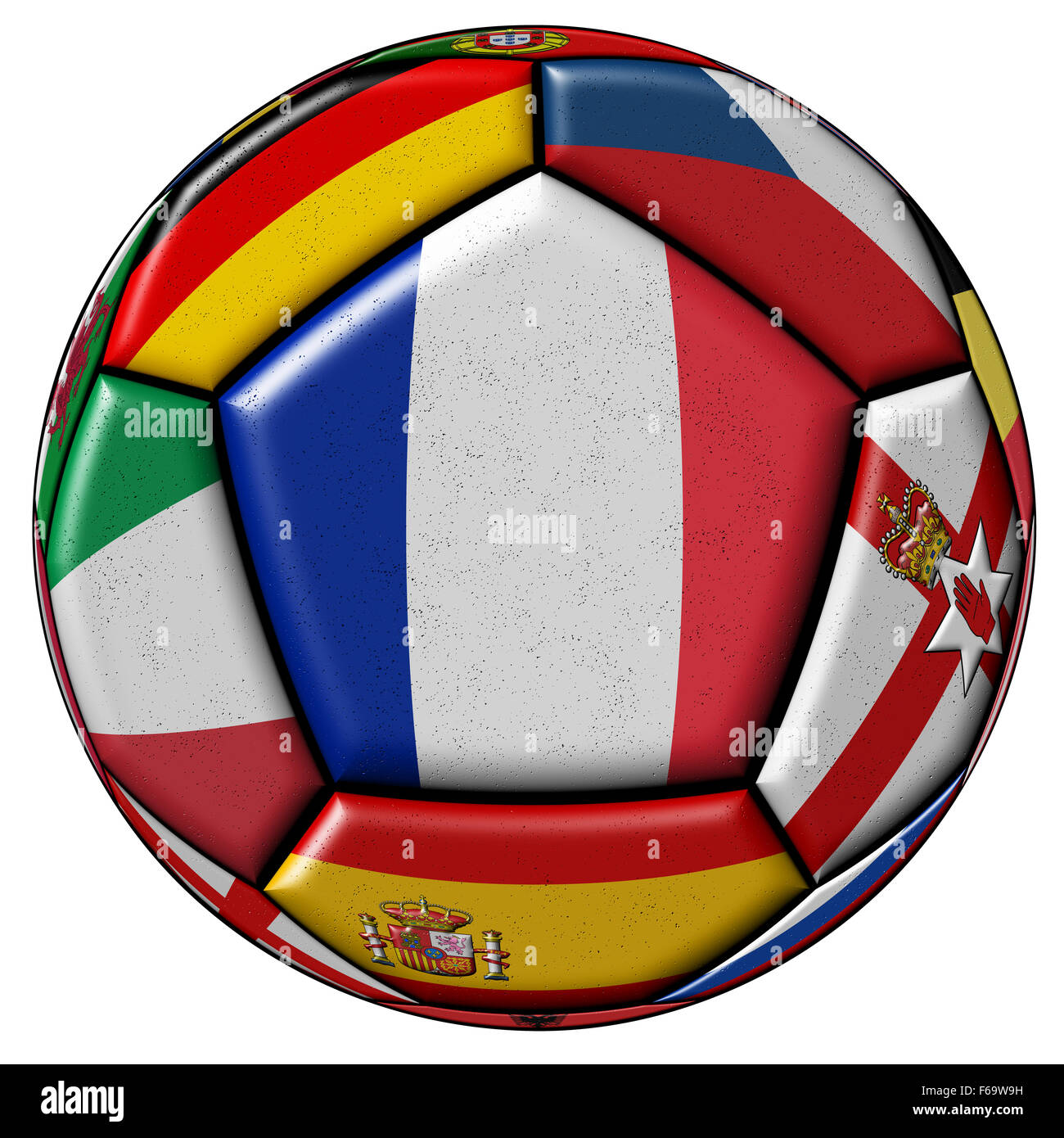 Ballon de soccer sur avec les drapeaux des pays européens - pavillon de la France dans le centre Banque D'Images