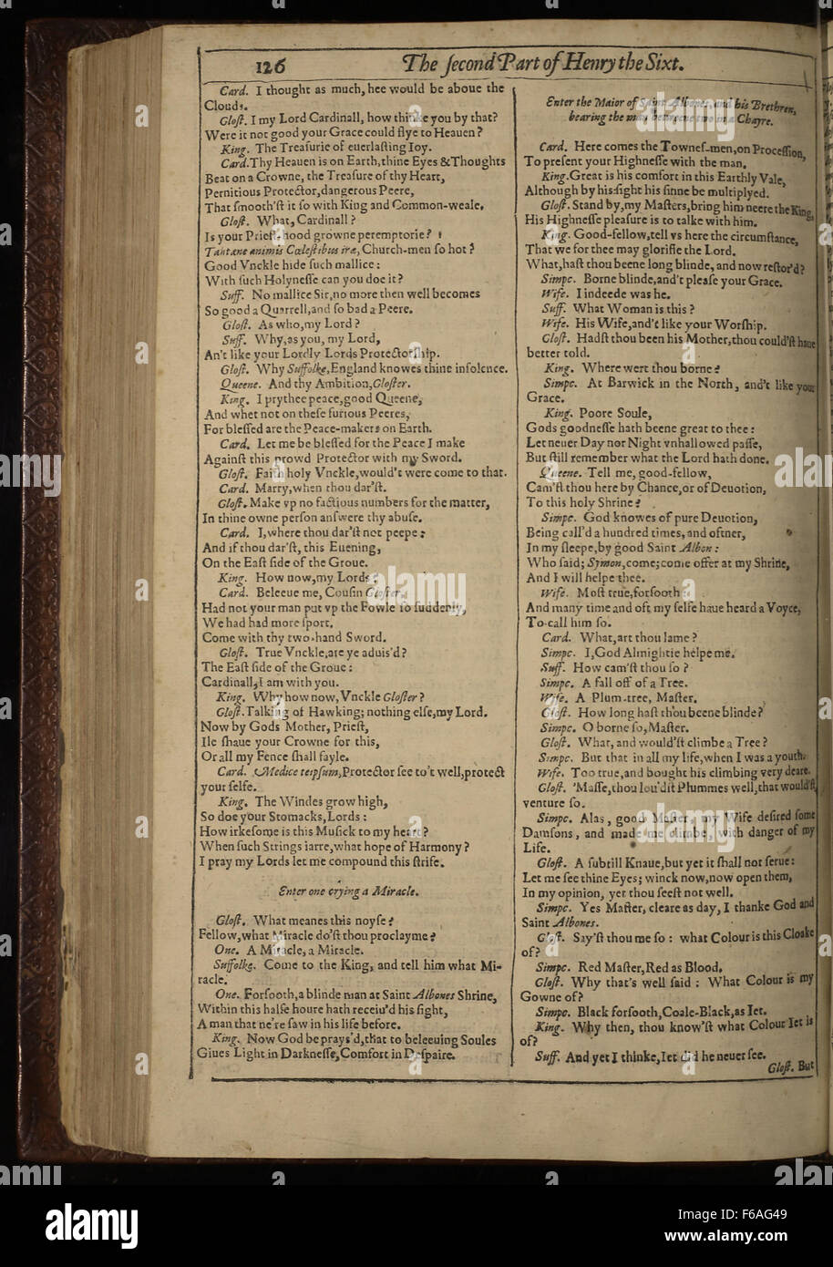 Page tirée de la première édition Folio de 'la deuxième partie du roi Henry VI' de William Shakespeare, mettant en lumière le drame du début du XVIIe siècle. Banque D'Images