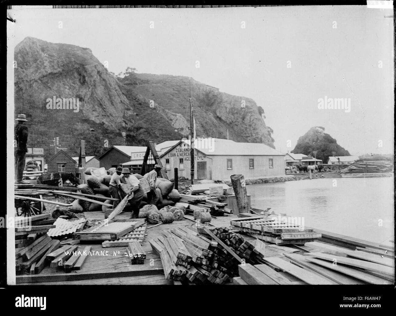 Cette image montre un quai à Whakatane, une petite ville portuaire située dans la baie de l'abondance sur l'île du Nord de la Nouvelle-Zélande. La zone portuaire joue un rôle vital dans la navigation et le commerce locaux, avec un accès aux navires de fret et de passagers. Whakatane est connue pour sa proximité des attractions naturelles et du patrimoine Māori. Banque D'Images