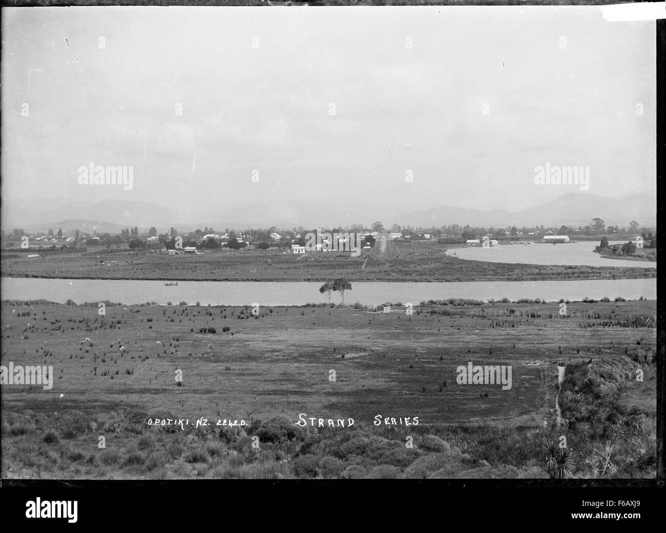 Cette photographie présente une vue générale d'Opotiki, une ville de Nouvelle-Zélande, capturant le paysage naturel, avec des collines ondulantes et des montagnes lointaines en arrière-plan. Il met en valeur le charme rural et la beauté géographique de la région. Banque D'Images