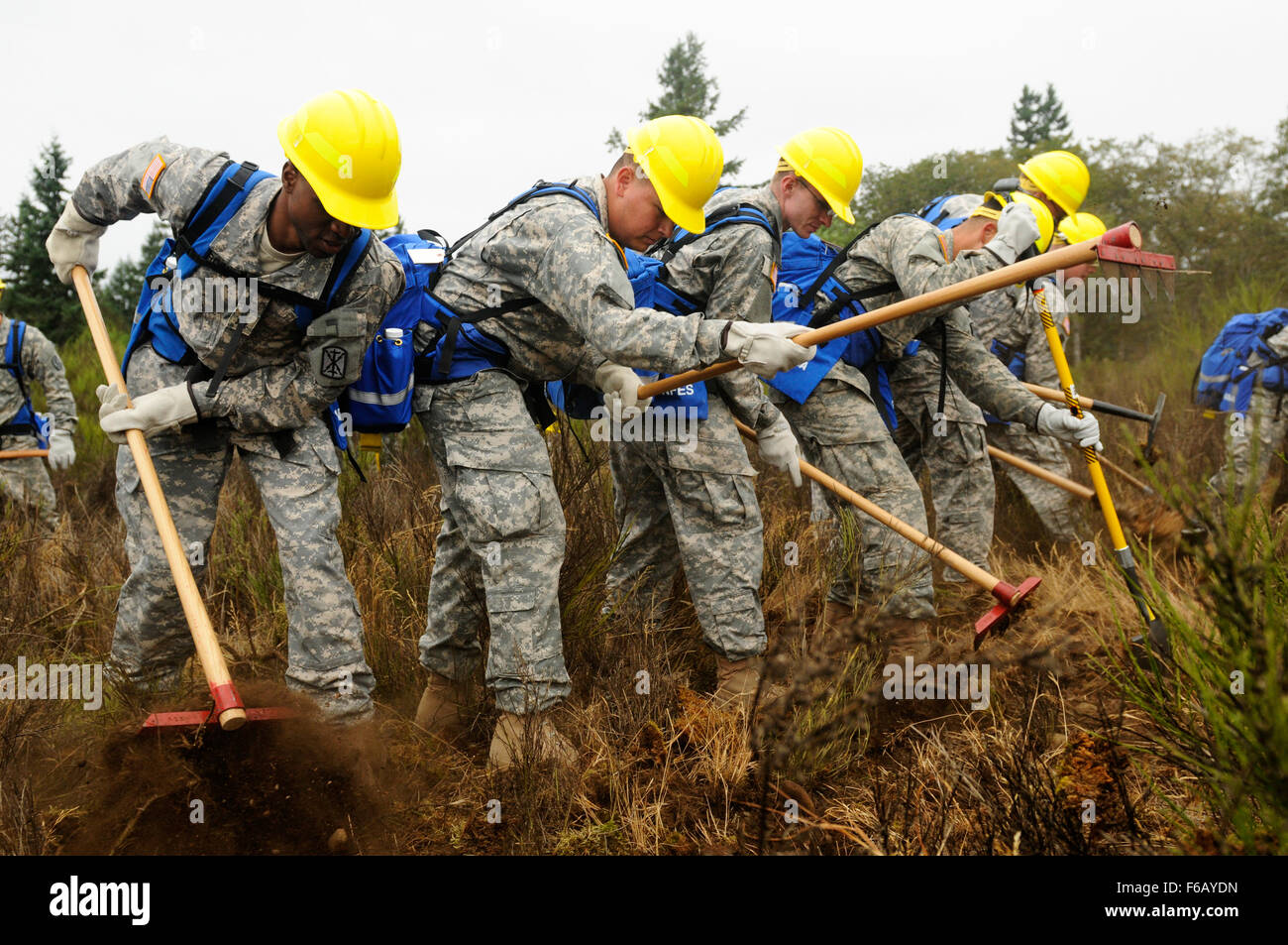 Soldats affectés au 5e Bataillon, 3e Régiment d'artillerie, 17e Brigade d'artillerie, pratique des techniques utilisées dans le cadre d'une pause pendant l'incendie formation lutte contre les feux près de Joint Base Lewis-McChord, 20 août 2015. Le "premier round" ont reçu deux jours d'orientation composé de classe et de la formation pour les préparer à supprimer les feux brûler à travers le nord-ouest du Pacifique. Banque D'Images