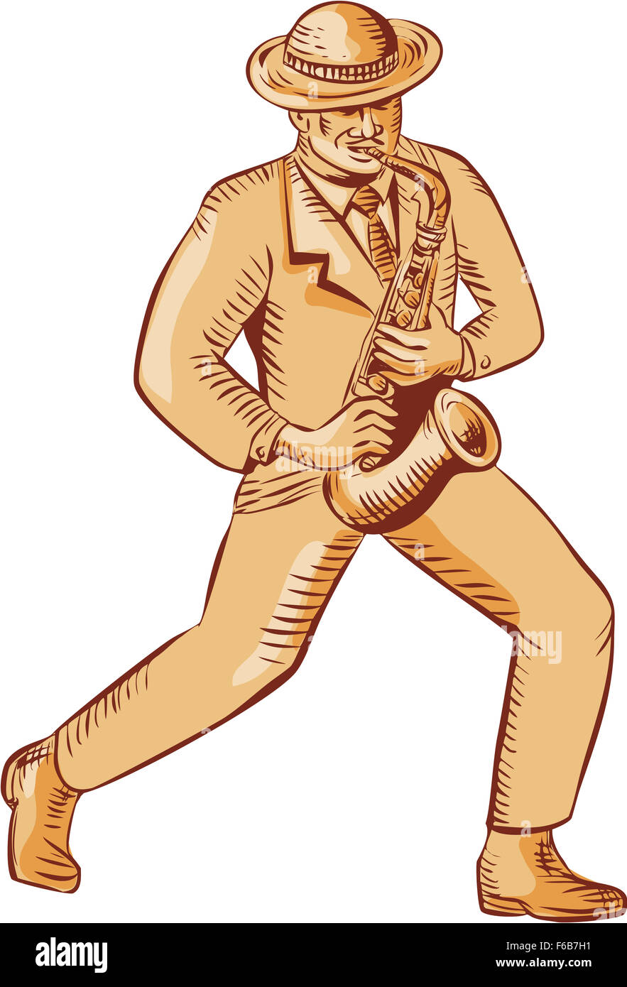 Gravure Gravure illustration style fait main d'un joueur de jazz afro-américain portant chapeau melon musicien jouant du saxophone, vu de l'avant ensemble sur fond isolé Banque D'Images