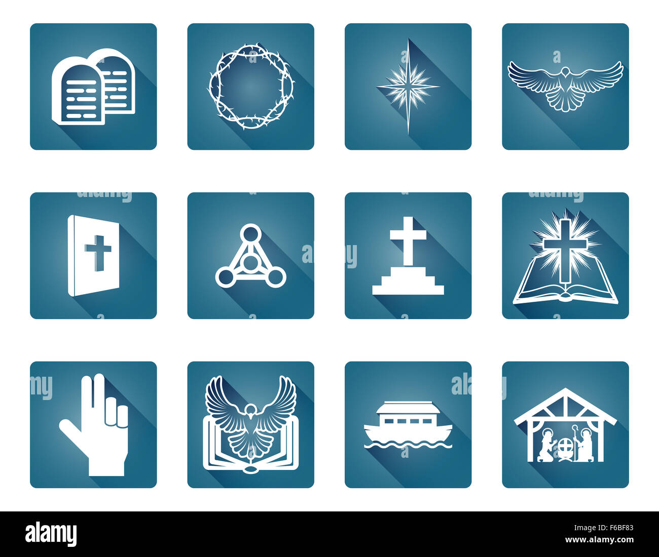 Un ensemble d'icônes et symboles religieux chrétiens y compris étoile de Bethléem, croix et colombe blanche Banque D'Images