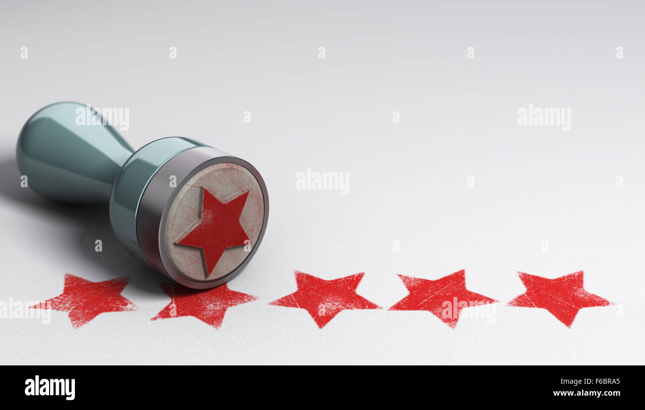 Tampon de caoutchouc sur le papier de fond avec cinq étoiles imprimé sur elle. notion de droit pour l'illustration de l'expérience client et Banque D'Images