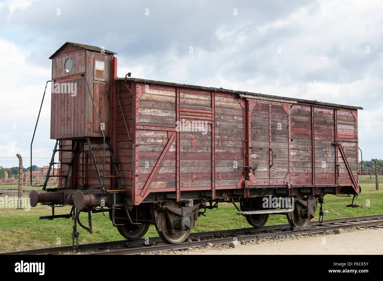 Transport ferroviaire Güterwagen que celui utilisé pour les déportations vers Auschwitz II-Birkenau Camp allemand nazi de concentration. Oswiecim, Pologne Banque D'Images