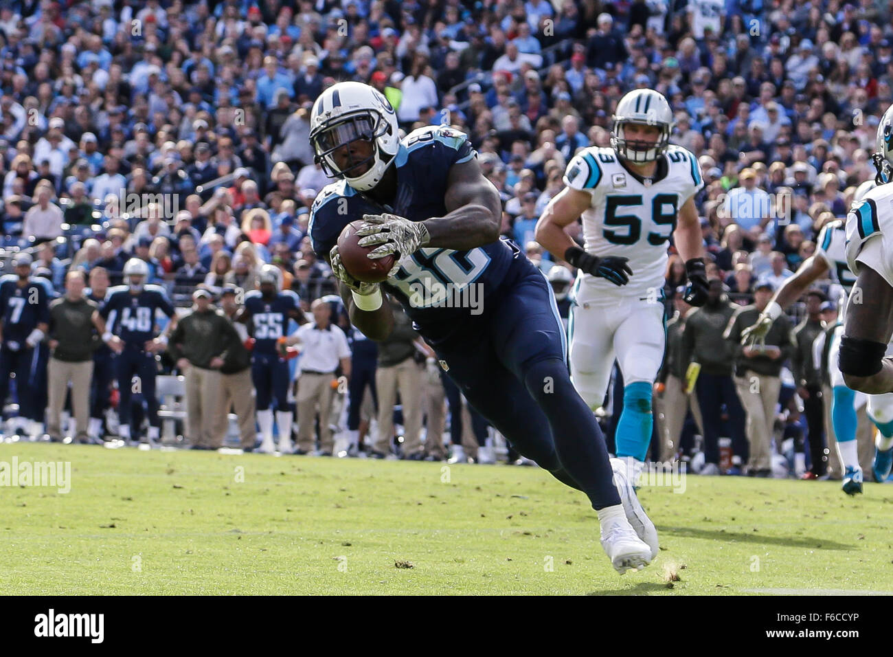 Nashville, Tennessee, USA. 15 Nov, 2015. Tennessee Titans tight end Delanie Walker # 82 tire dans une passe dans un match contre les Panthers de la Caroline le 15 novembre 2015, chez Nissan Stadium à Nashville, Tennessee. Les Panthère défait les Titans 27-10. Margaret Bowles/CSM/Alamy Live News Banque D'Images