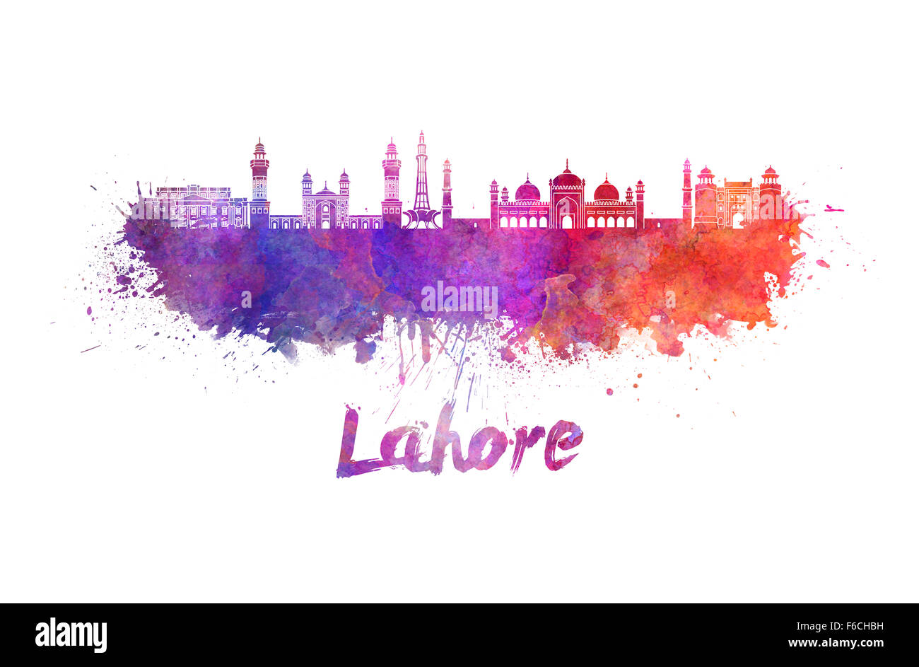 Skyline de Lahore à l'aquarelle des éclaboussures avec clipping path Banque D'Images