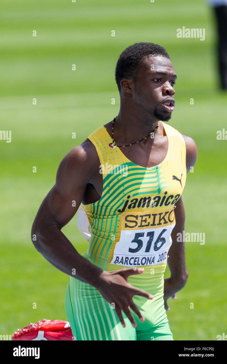Jarvan Gallimore de la Jamaïque pendant 400m haies de l'événement le 20e Championnats d'athlétisme junior,2012,Barcelone,Espagne, Banque D'Images