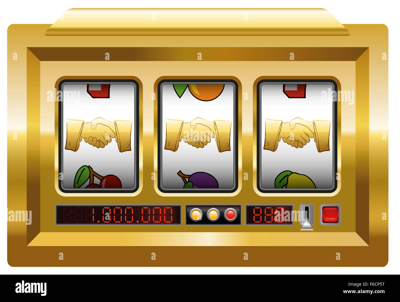 Golden handshake - machine à sous avec poignée de trois symboles. Banque D'Images