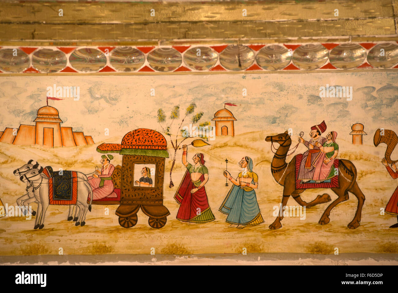 Peinture murale de procession sur plafond de patwa haveli, Jaisalmer, Rajasthan, Inde, Asie Banque D'Images