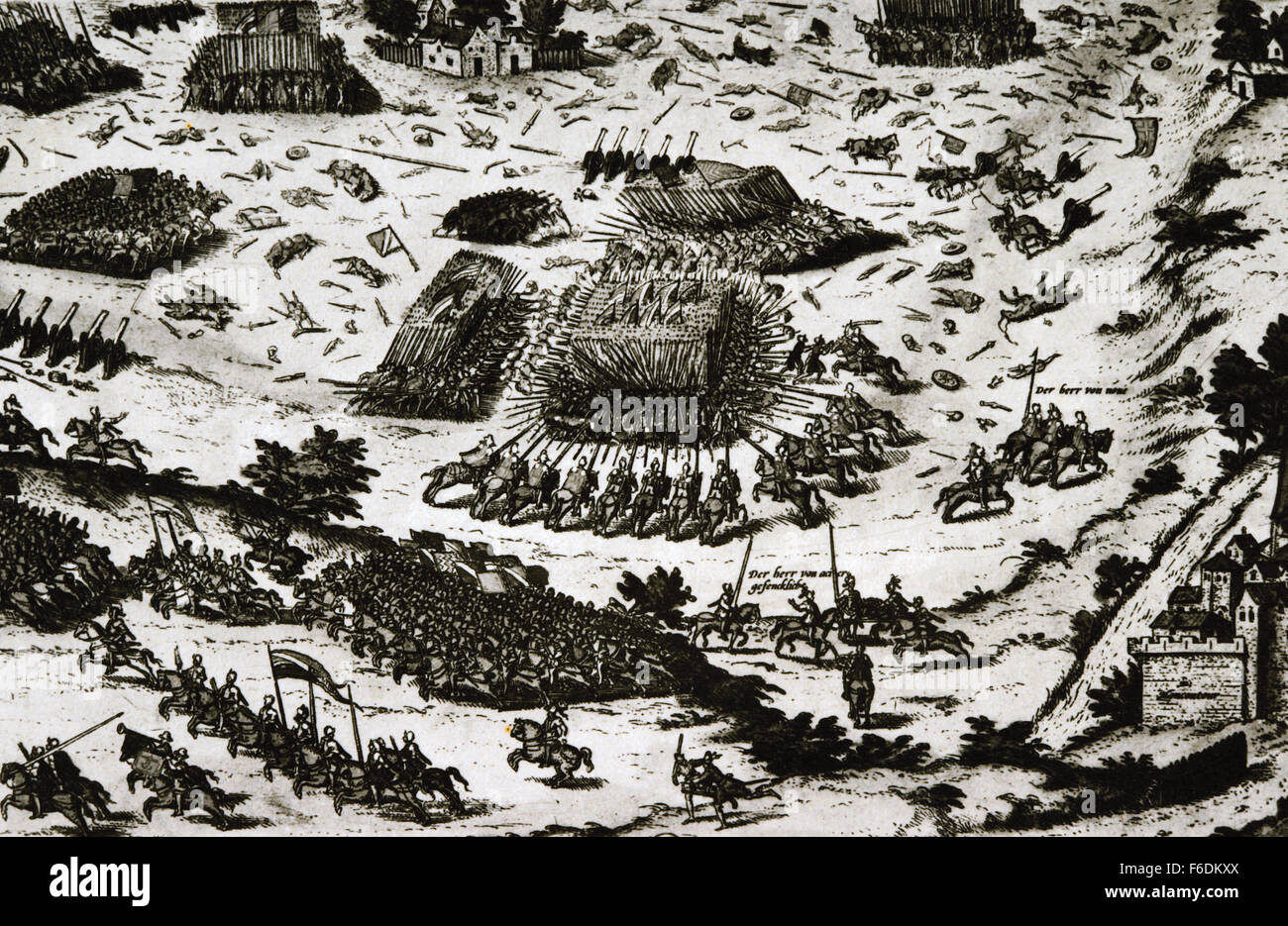 Bataille de Moncontour, le 3 octobre 1569, entre les forces Catholiques du roi Charles IX de France et les Huguenots durant la troisième guerre mondiale (1568-1570) de la Guerres de Religion. La gravure. Banque D'Images