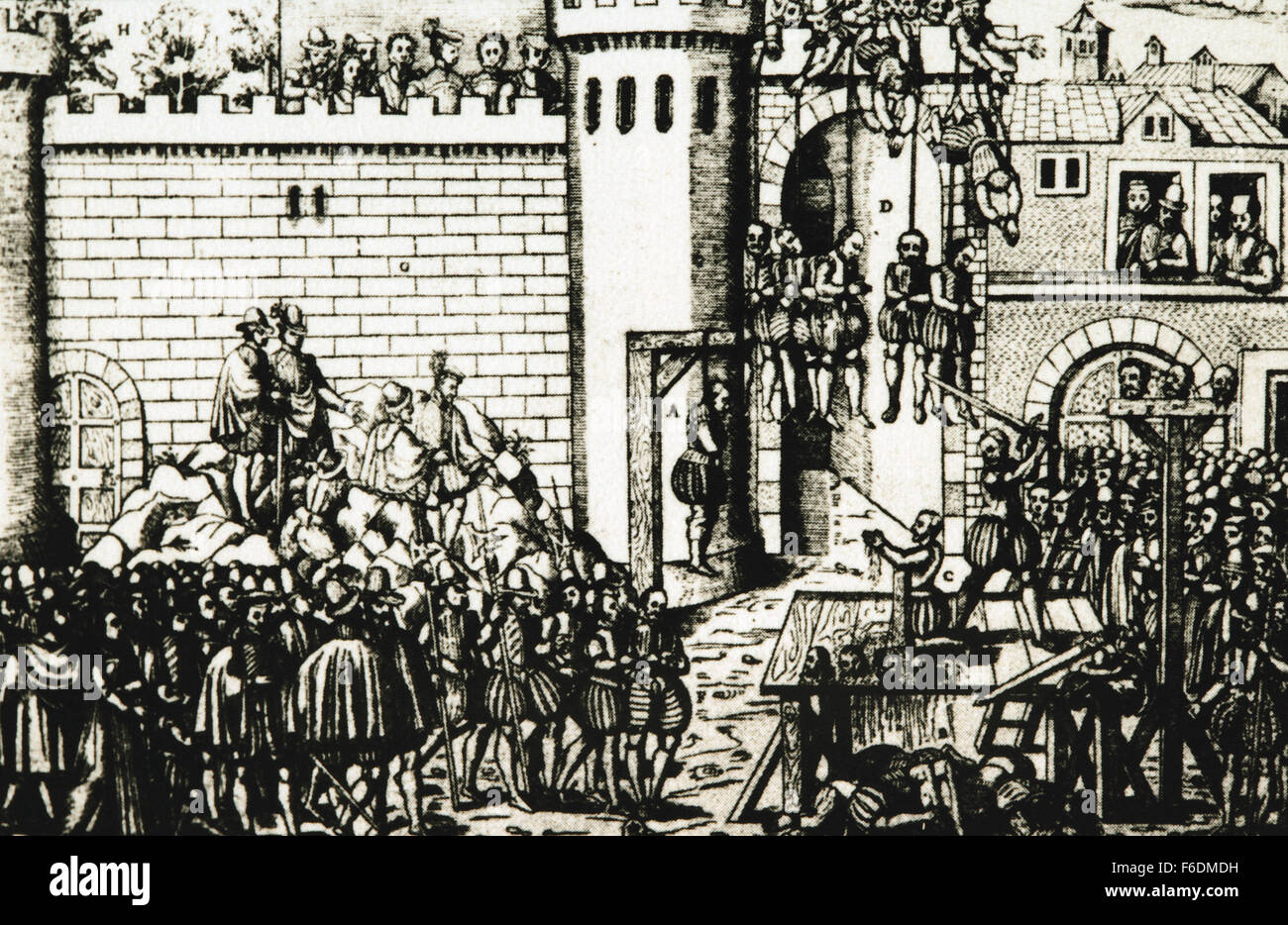 L'exécution de membres de la conspiration d'Amboise. Tentative de complot contre Huguenot House catholique de Guise, 25 mars 1560. Gravure de Hogenberg, fin 16e - début du 17e siècle. Banque D'Images