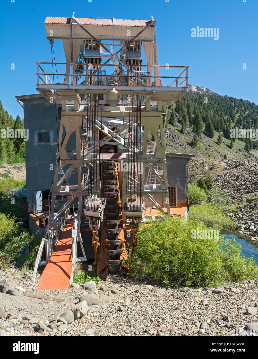 New York, Custer, Yankee Fork, drague exploité 1940-52, vue de ligne de godet Banque D'Images