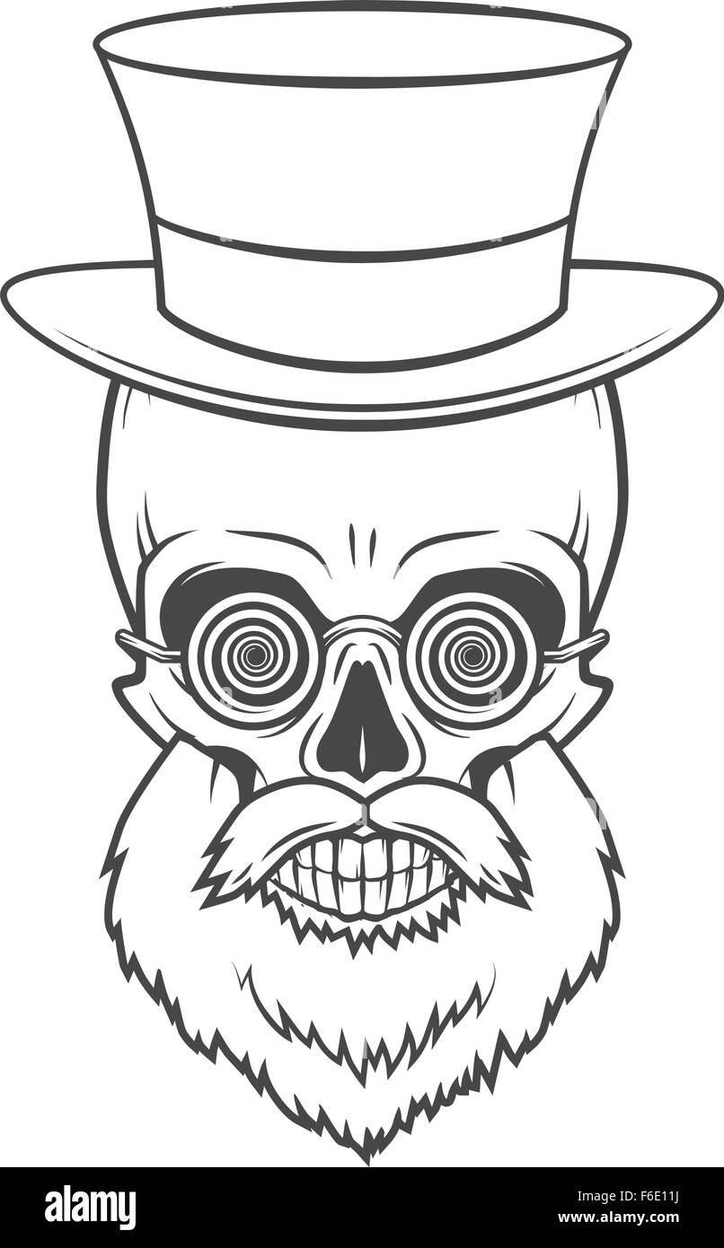 Crâne barbu avec herbes et hypnotique top hat. Le professeur steampunk fou portrait. Logo vintage médecin victorienne morte Illustration de Vecteur