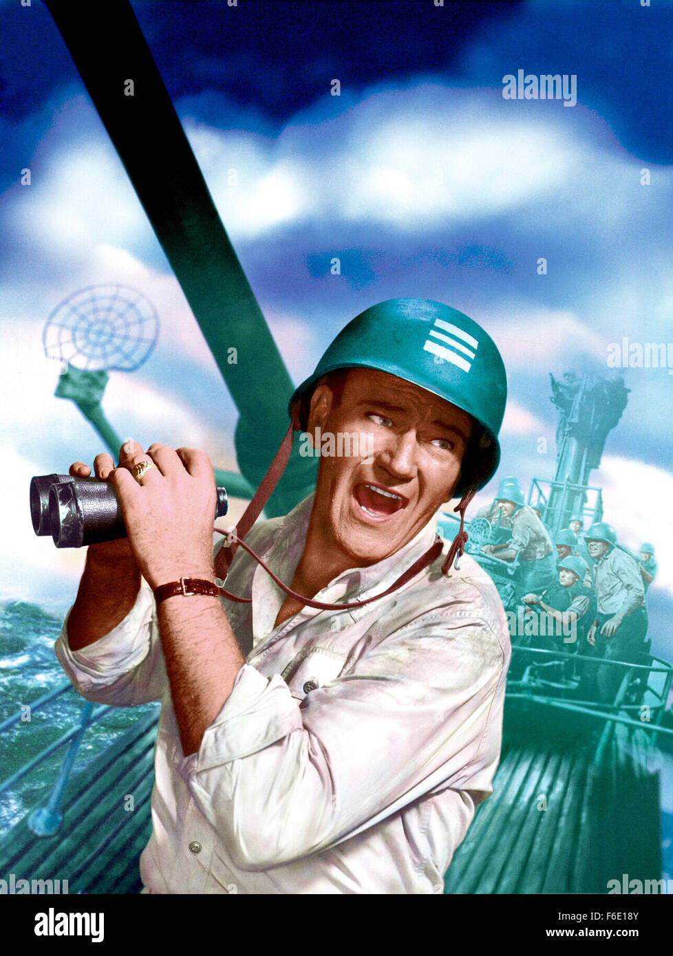 DATE DE SORTIE : Janvier 27, 1951. Titre du film : l'opération du Pacifique. STUDIO : Warner Bros Pictures. Résumé : PENDANT LA SECONDE GUERRE MONDIALE, Duke E. Gifford est commandant en second de l'USS Thunderfish, un sous-marin qui est le tir de torpilles qu'exploser trop tôt ou ne jamais exploser à tous. C'est un dilemme qu'il va éventuellement prendre personnellement. Encore plus personnelle est sa quête pour reconquérir son ex-femme, une infirmière ; mais il devra gagner son retour d'un aviateur de la marine qui se trouve être son petit frère du commandant. Photo : JOHN WAYNE le lieutenant Cmdr. Duke E. Gifford. Banque D'Images