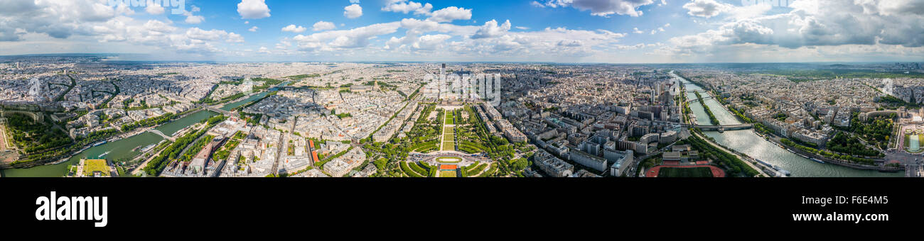 Panorama de 360 degrés de la Tour Eiffel, Seine, Champ de Mars, Trocadéro, Place du Trocadéro et du 11 novembre, Paris Banque D'Images