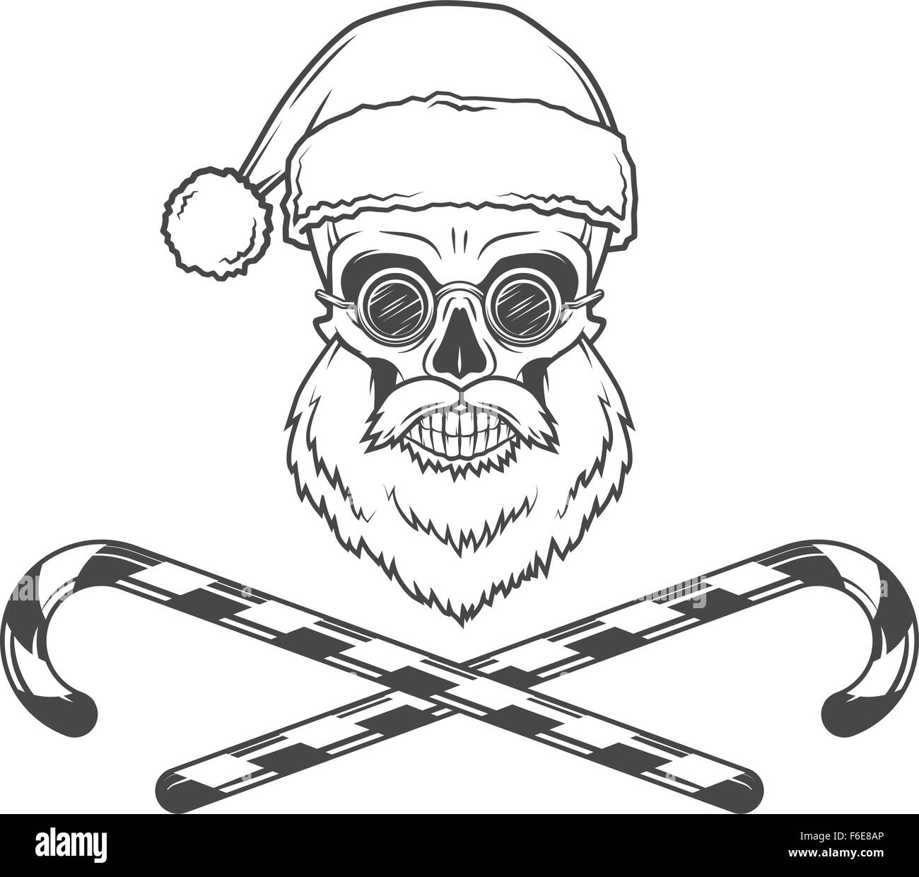 Crâne barbu Père Noël avec des cannes de bonbon et les herbes de l'affiche. Noël Vintage old man portrait. X-mas t-shirt illustration Illustration de Vecteur