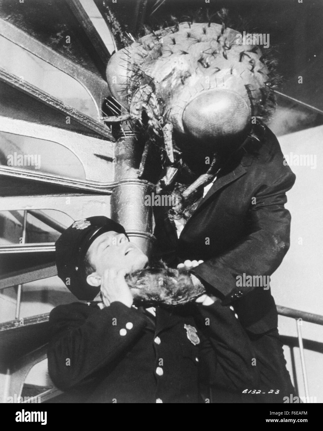 DATE DE SORTIE : Août 28, 1959. Titre du film : retour de l'avion. STUDIO : 20th Century Fox. Résumé : Quinze ans après les expériences de son père avec la matière, l'échec de transmission Philippe Delambre et son oncle fran ?ois essayer de créer une question sur leur propre appareil de transmission. Cependant, leurs expériences ont des résultats désastreux, Philippe tournant en une horrible mi-homme mi-fly créature. Sur la photo : Scène du film. Banque D'Images