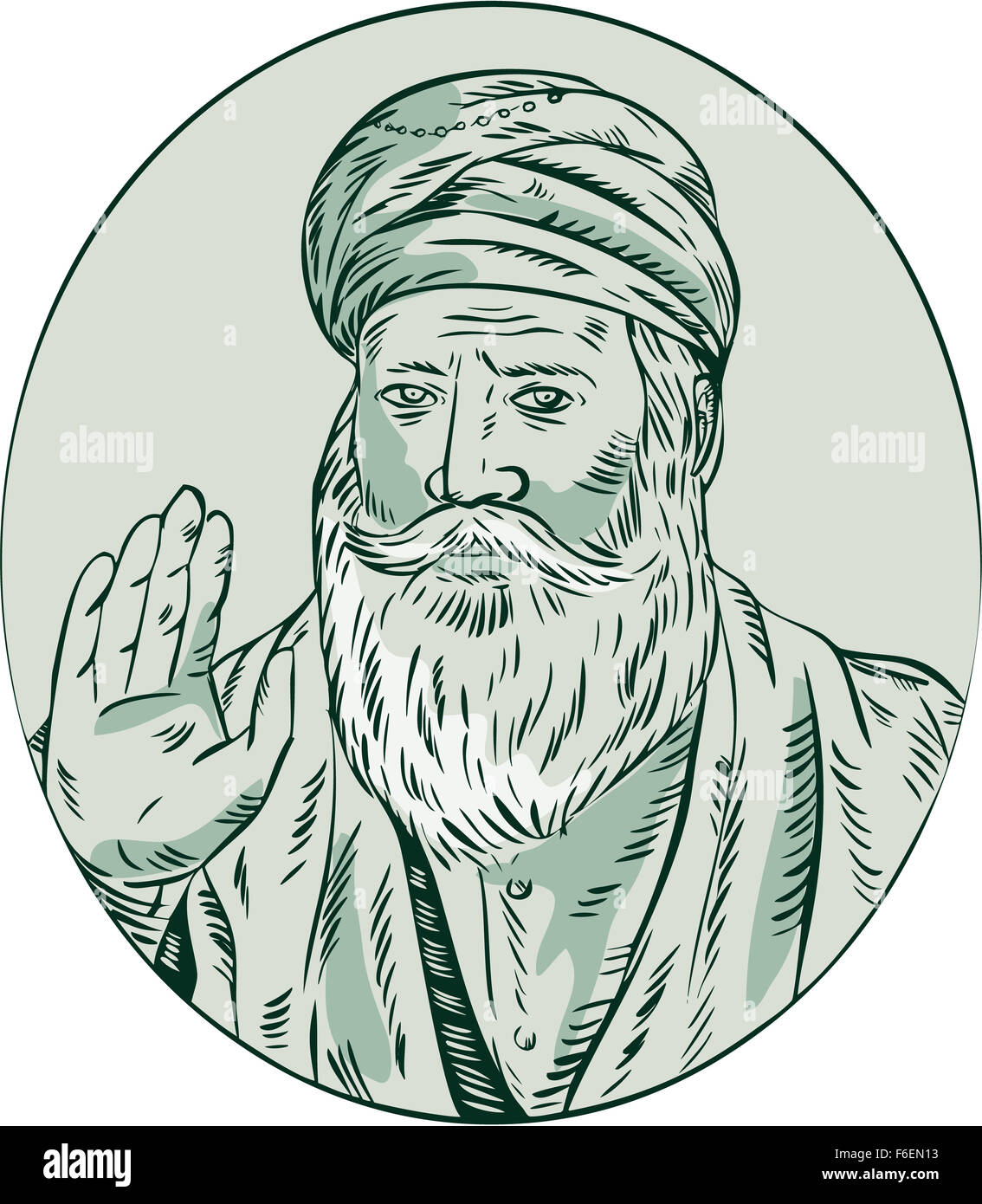 Gravure Gravure illustration style artisanal d'un Sikh guru Nanak ji prêtre forme vue de l'avant ensemble à l'intérieur de l'ovale. Banque D'Images