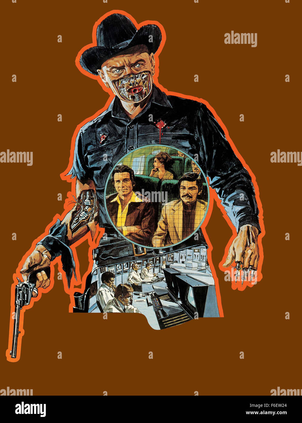 DATE DE SORTIE : Novembre 1973. Titre du film : Westworld. STUDIO : MGM. PLOT : Un parc d'amusement pour les riches vacanciers. Le parc offre à ses clients un moyen de vivre leurs fantasmes à travers l'utilisation de robots qui fournissent tout ce qu'ils veulent. Deux des vacanciers choisissent un wild west adventure. Cependant, après une panne d'ordinateur, ils constatent qu'ils sont en train d'être harcelées par un robot hors-la-gun slinger. Banque D'Images