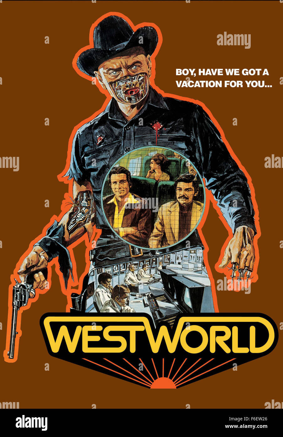 DATE DE SORTIE : Novembre 1973. Titre du film : Westworld. STUDIO : MGM. PLOT : Un parc d'amusement pour les riches vacanciers. Le parc offre à ses clients un moyen de vivre leurs fantasmes à travers l'utilisation de robots qui fournissent tout ce qu'ils veulent. Deux des vacanciers choisissent un wild west adventure. Cependant, après une panne d'ordinateur, ils constatent qu'ils sont en train d'être harcelées par un robot hors-la-gun slinger. Banque D'Images