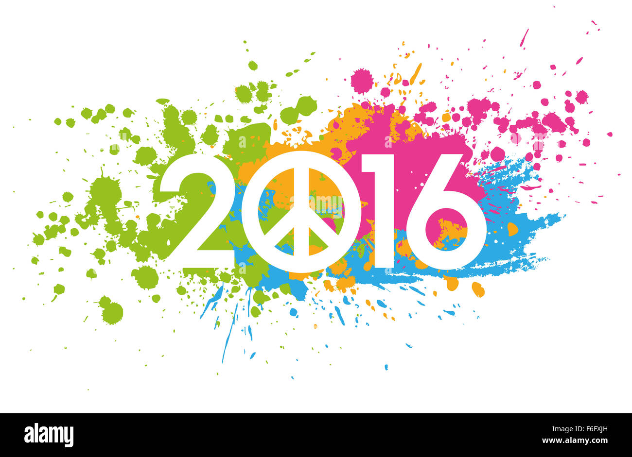 Nouvelle Année 2016 date de taches de peinture colorée avec le symbole de paix et d'amour Banque D'Images