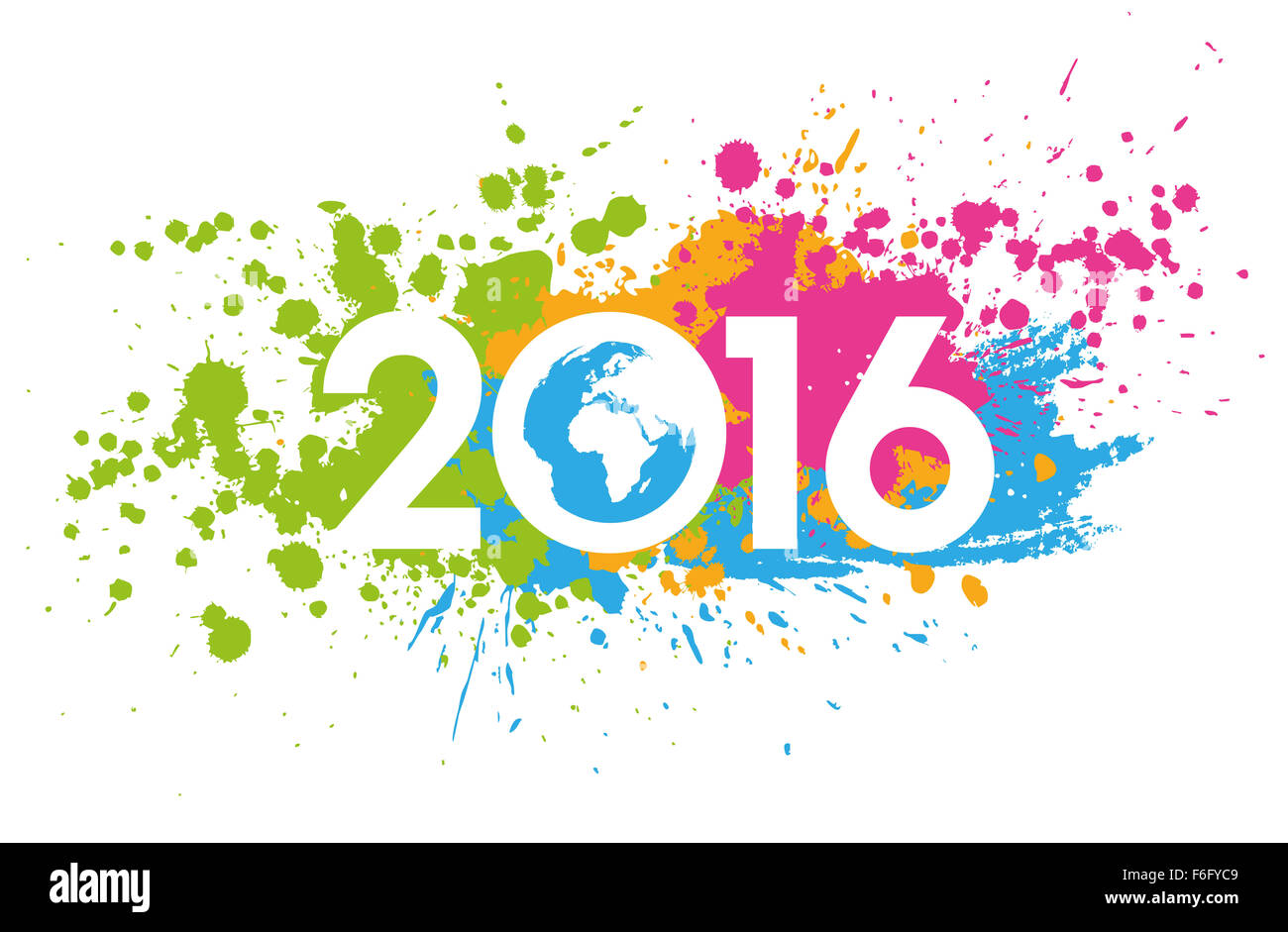 Nouvelle Année 2016 date de taches de peinture colorée avec la carte du monde Banque D'Images