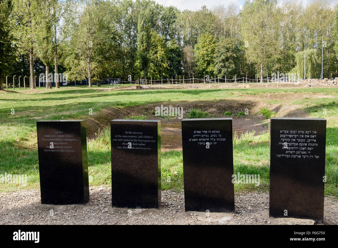 Grave Memorial les pierres par des cendres de crémation prisonniers assassinés à Auschwitz II-Birkenau Camp allemand nazi de concentration en Pologne Banque D'Images