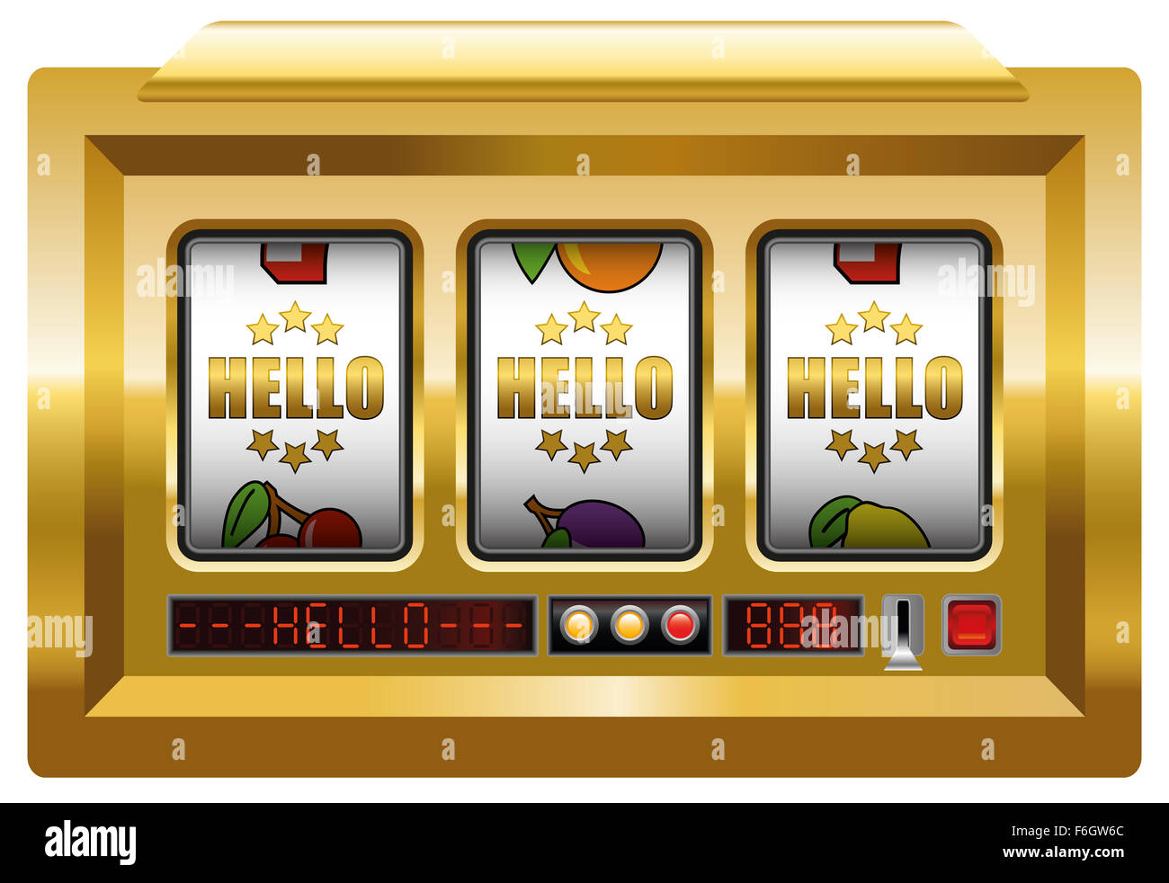 Golden hello - terme opérationnel - machine à sous avec trois bobines d'or lettrage Bonjour. Illustration sur fond blanc. Banque D'Images