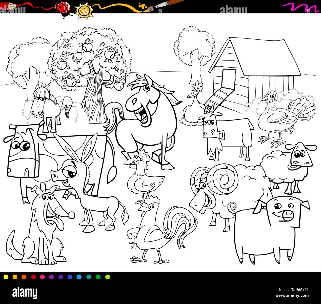 Cartoon noir et blanc Illustration de caractères des animaux de ferme à colorier pour Groupe Illustration de Vecteur