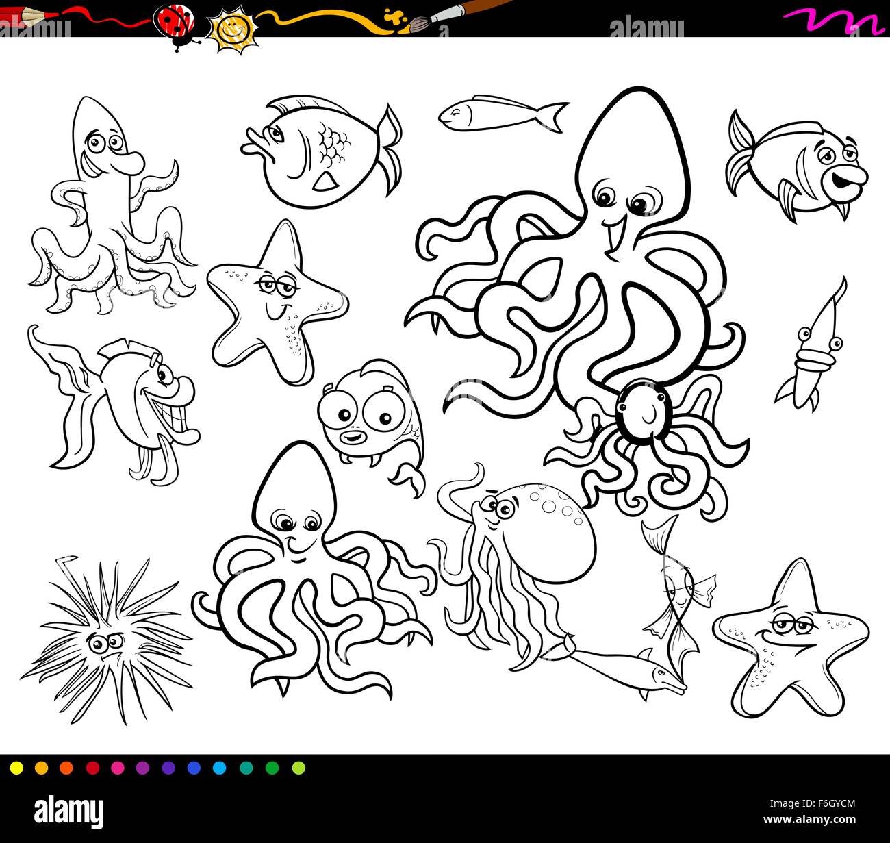 Dessin animé en noir et blanc des illustrations d'animaux de la mer drôles de poissons et à colorier pour groupe de caractères Illustration de Vecteur