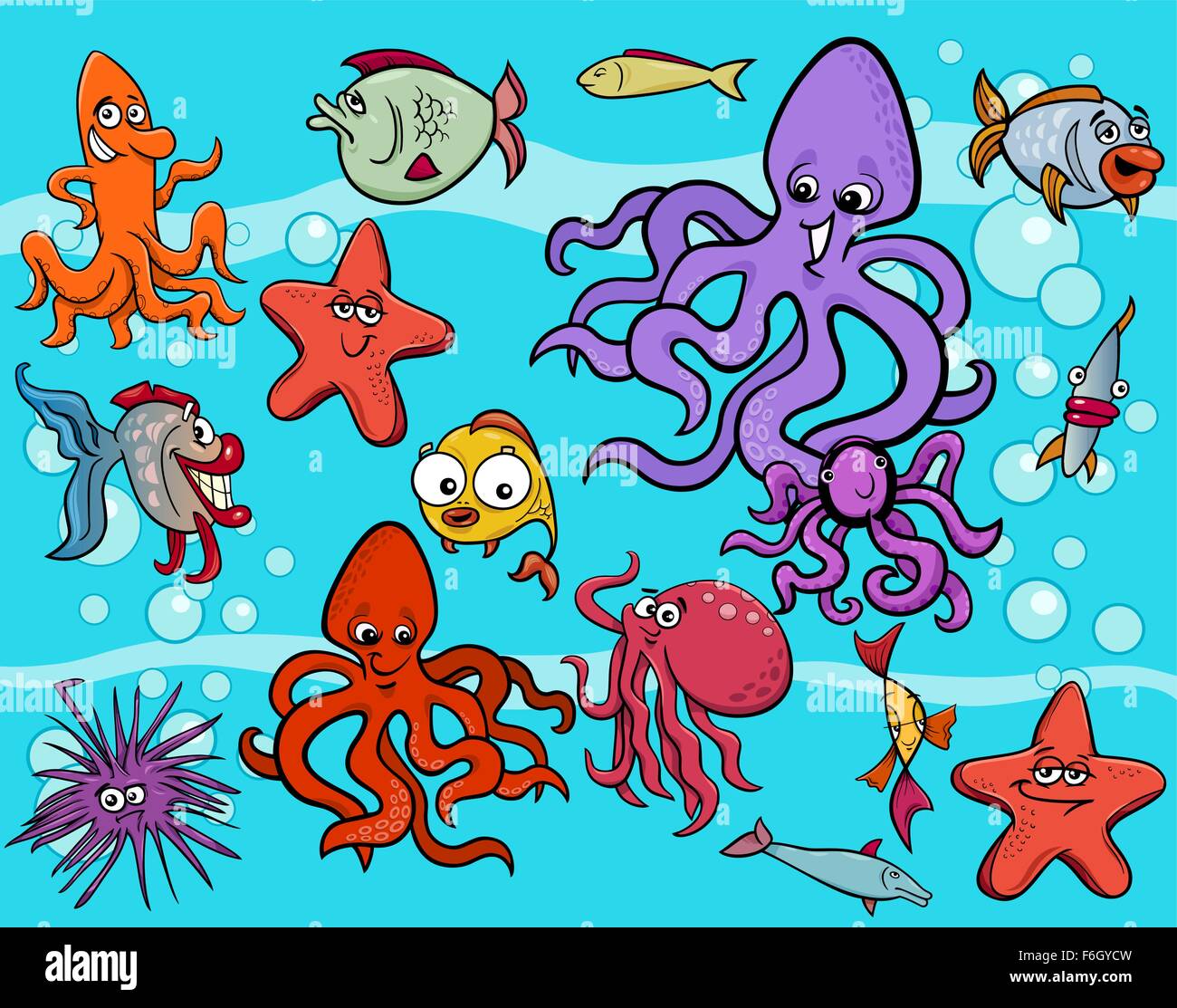 Illustrations de Funny Cartoon Animaux Sea Life et les poissons du groupe de caractères Illustration de Vecteur