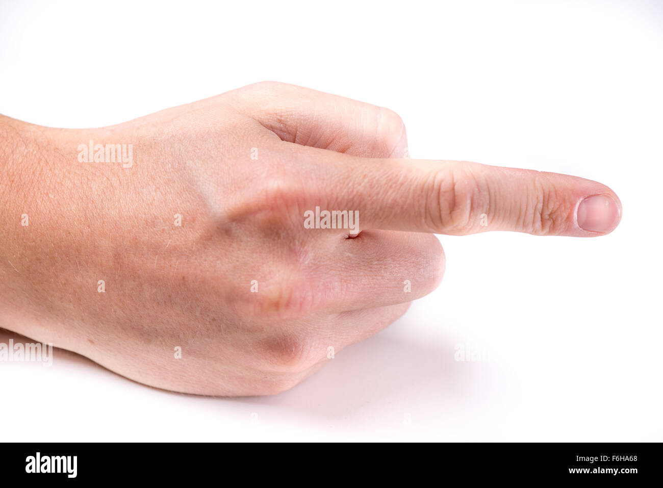 Une main avec un doigt poiting sur fond blanc Banque D'Images