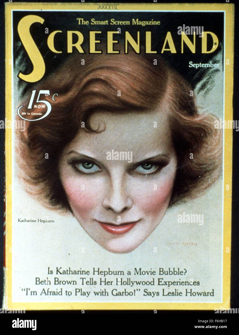 1934, le titre du film : SCREENLAND, Photo : Katharine Hepburn, SCREENLAND, couverture de magazine, COVER ART, PORTRAIT. (Crédit Image : SNAP) Banque D'Images