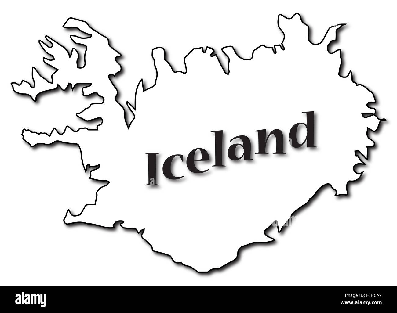 Une carte de l'Islande avec texte et une ombre isolé sur fond blanc Banque D'Images