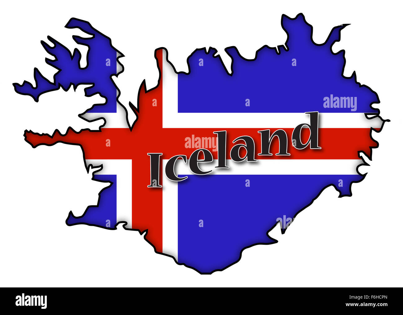 Un drapeau de l'Islande sur une carte avec du texte et une ombre isolé sur fond blanc Banque D'Images
