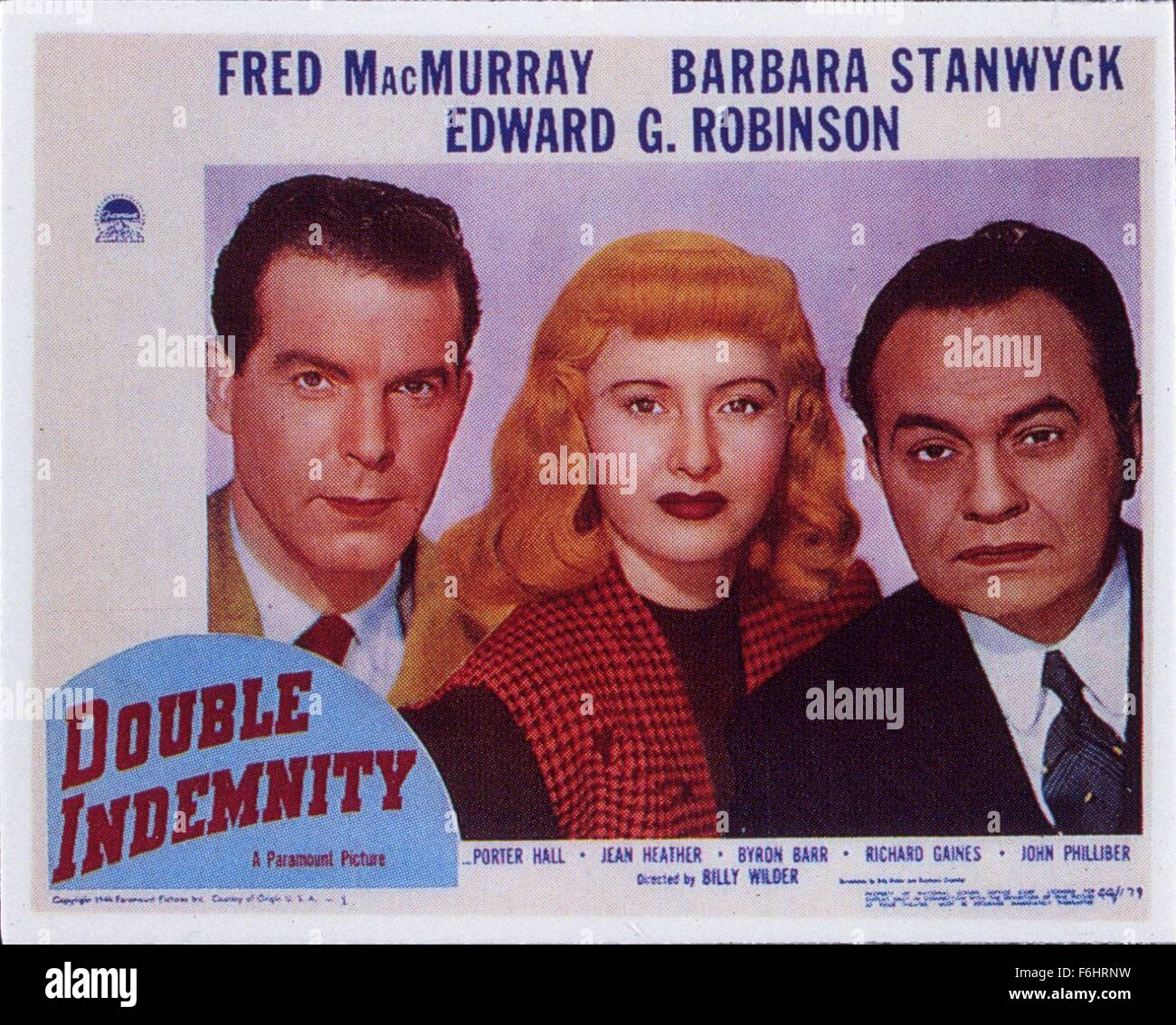 1944, le titre du film : DOUBLE INDEMNITY, Directeur : Billy Wilder, Studio : Paramount, Photo : CRIME, tromperie, FILM NOIR, Fred MacMURRAY, meurtre (à but lucratif), EDWARD G ROBINSON, Barbara Stanwyck, la femme (MAL/moyenne/dangereux), les femmes (deux à temps partiel), l'affiche, l'AMOUR (TRIANGLE), TRIANGLE AMOUREUX. (Crédit Image : SNAP) Banque D'Images