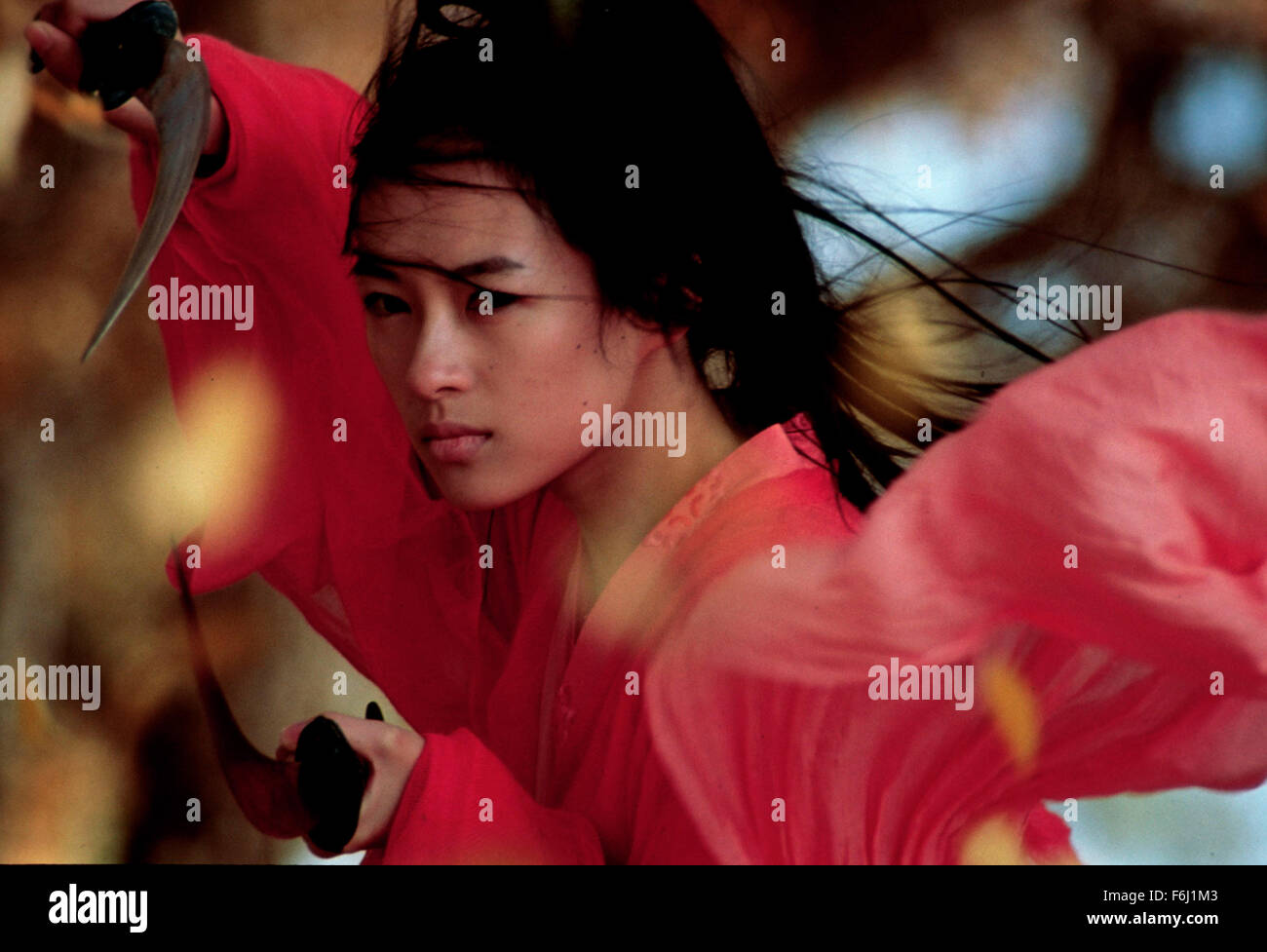 DATE DE SORTIE : 24 octobre 2002. Titre du film : Hero (Ying xiong). STUDIO : Beijing New Picture Film Co.. Résumé : Une série de Rashomon-comme la forme représente l'histoire de flashback d'un homme défait trois assassins qui ont cherché à tuer le plus puissant seigneur en Chine unifiée. Photo : Zhang Ziyi stars comme lune. Banque D'Images