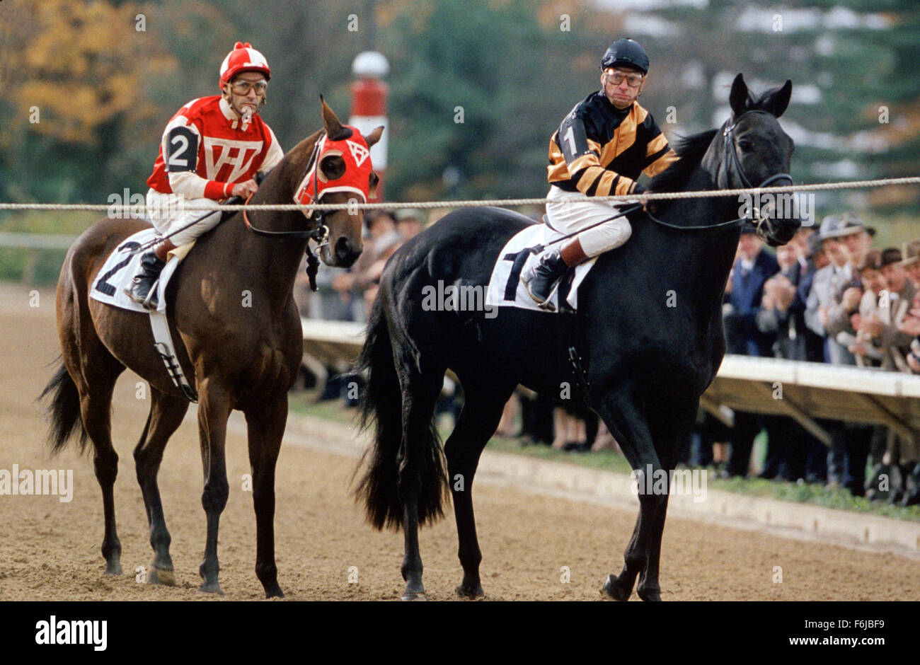 Juillet 22, 2003 ; Hollywood, CA, USA ; GARY STEVENS (gauche) comme Jockey George Woolf au sommet de Seabiscuit et CHRIS MCCARRO Kurtsinger Charley comme Admiralin le drame de guerre au-dessus de ''Seabiscuit'' réalisé par Gary Ross. Banque D'Images