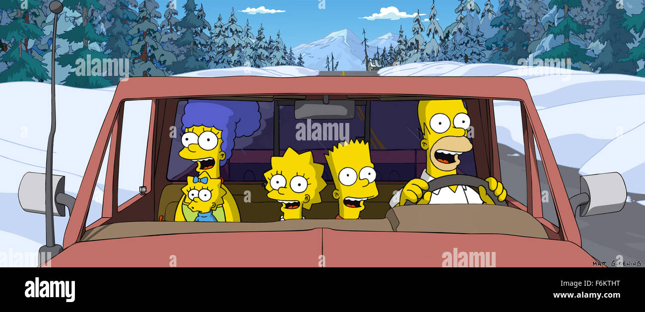 DATE DE SORTIE : Juillet 27, 2007. Titre du film : Les Simpson - Le Film - STUDIO : Société de Production Akom ART ORIGINALE PAR : Matt Groening. Résumé : Après avoir accidentellement Homer pollue l'alimentation en eau de la ville, Springfield est encastré dans un dôme gigantesque par l'EPA et la famille Simpson sont déclarés en fuite. Sur la photo : Les Simpson (Maggie Simpson, Bart Simpson, LISA SIMPSON, MARGE SIMPSON, et Homer Simpson) Profitez d'une sortie en famille loin de Springfield à la maison. Banque D'Images