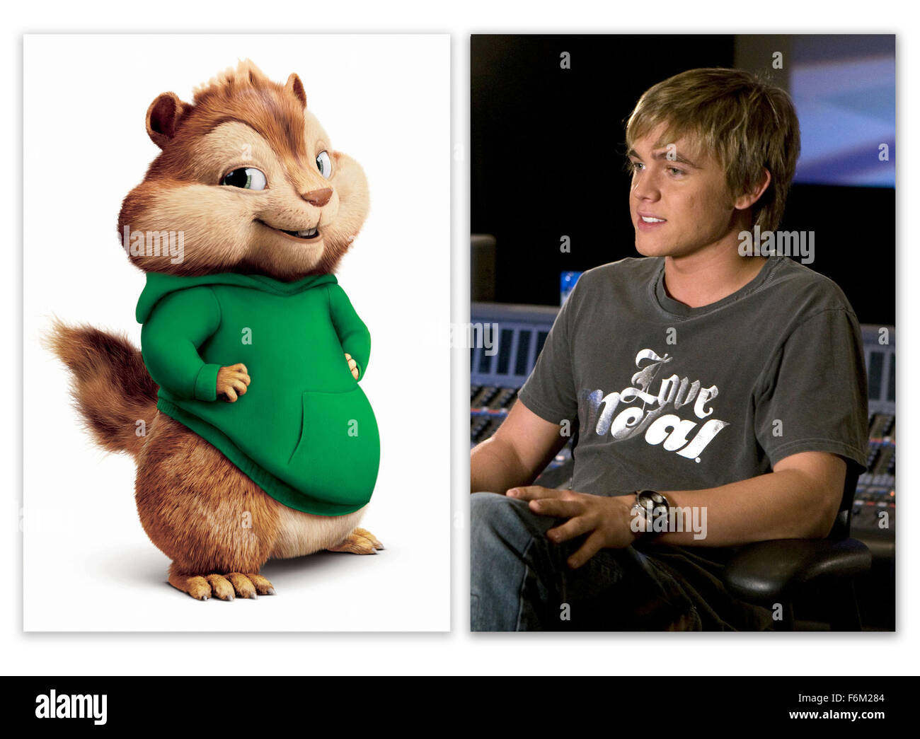 DATE DE SORTIE : Mai 13, 2007. Titre du film : Alvin et les Chipmunks. STUDIO : 20th Century Fox. Résumé : Dans une ferme forestière, trois musiciens chipmunks, Alvin, Simon et Theodore, trouver leur arbre abattu et envoyé à Los Angeles. Une fois là, ils répondent au compositeur frustré David Séville, et malgré une mauvaise première impression de relevage de la chambre, ils lui impressionner avec leur talent de chanteuse. Voir les possibilités de réussite, à la fois humaines et des tamias faire un pacte pour eux de chanter ses chansons. Bien que cette ambition s'avère une lutte frustrant avec le trio difficile, le rêve ne se réalise après tout. Ho Banque D'Images