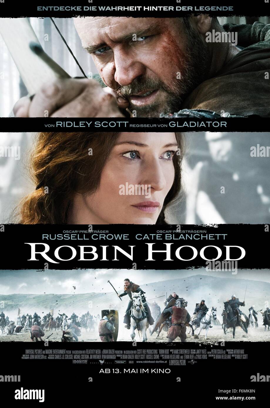 DATE DE SORTIE : Mai 14, 2010 TITRE DE LA VIDÉO : Robin Hood STUDIO : Universal Pictures Réalisateur : Ridley Scott Résumé : L'histoire d'un archer dans l'armée de Richard Coeur de Lion qui se bat contre les envahisseurs normands et devient le héros légendaire connu sous le nom de la photo : Robin Hood (affiche de film Image Crédit : c Universal Pictures/photos) Banque D'Images