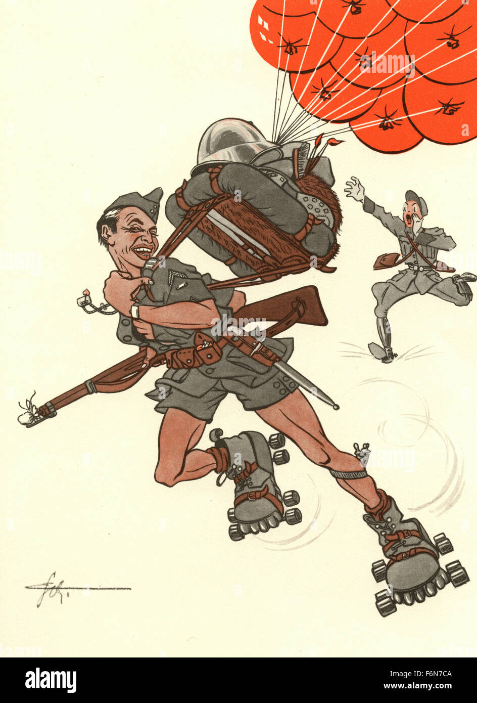 Illustrations satiriques allemand 1950 : une femme soldat en patins et des ballons Banque D'Images