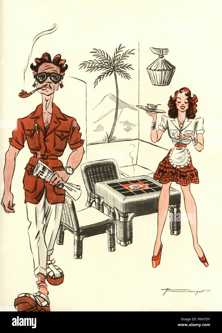 Illustrations satiriques allemand 1950 : un homme avec un tuyau et la serveuse Banque D'Images