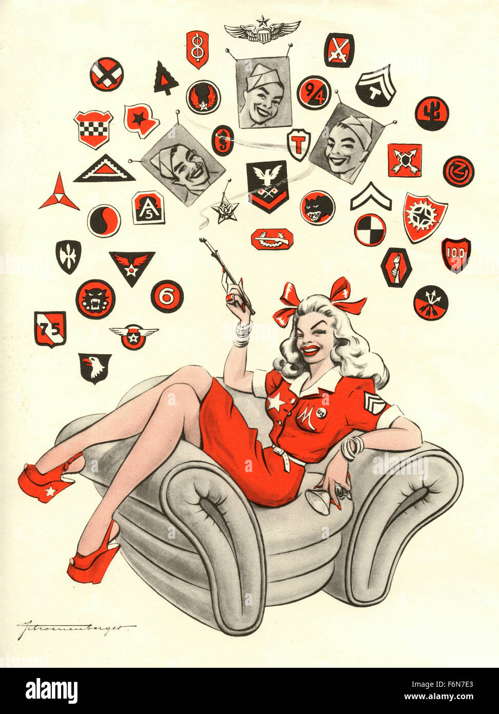 Illustrations satiriques allemand 1950 : une femme fume dans un fauteuil Banque D'Images